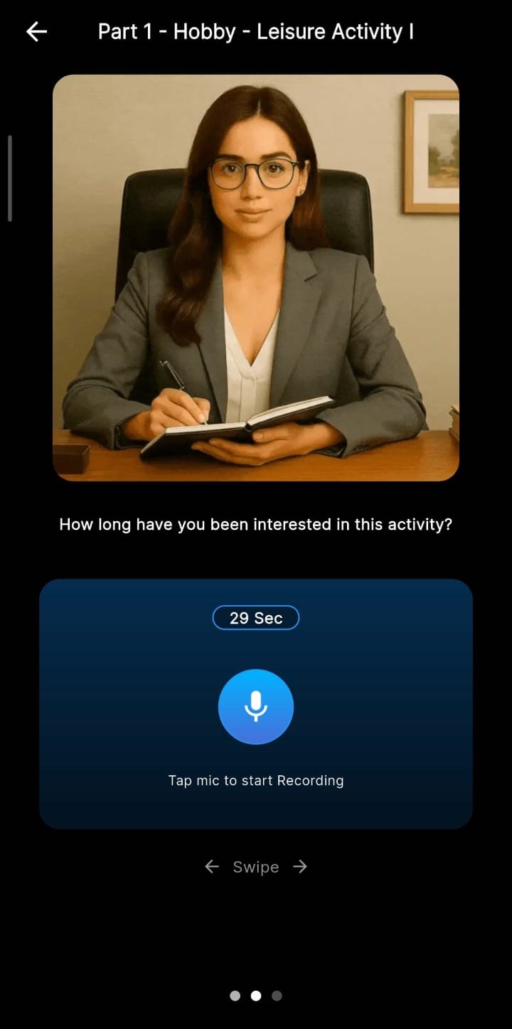 Voyage IELTS speaking prompt and microphone recording screen